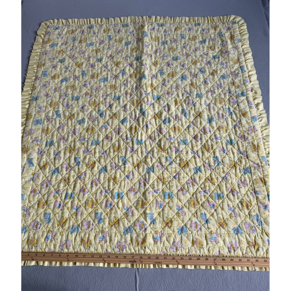 Vintage Yellow Quilted Baby Blanket Pastel Ruffle Trim Nursery 33x40